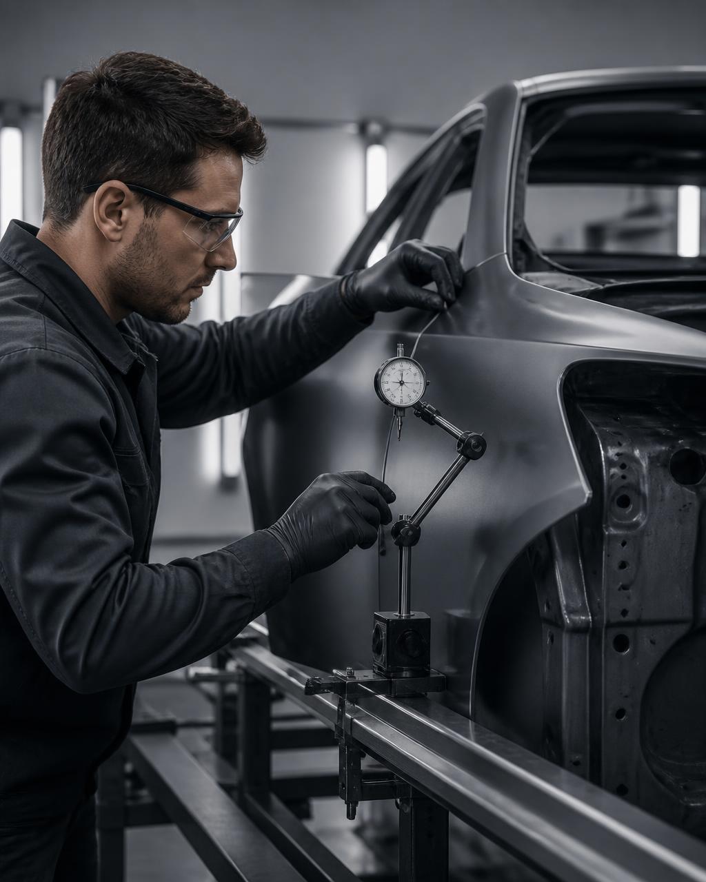 Technician measuring a vehicle panel with a precision gauge